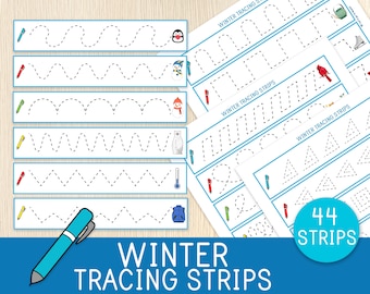 May include: A set of 44 printable winter tracing strips for kids. The strips feature various winter-themed images, such as penguins, snowmen, and polar bears. Each strip has a dashed line for tracing.