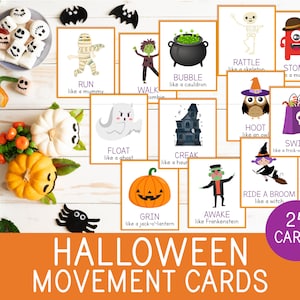ハロウィンの運動カード、粗大運動能力、幼稚園・保育園の脳トレ、ホリデー運動ゲーム、24枚のカード、教育用印刷物