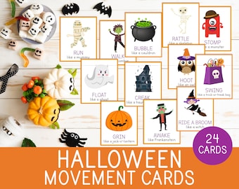 Karty ruchu na Halloween, rozwój motoryki dużej, przerwy mózgowe dla przedszkolaków i przedszkolaków, gra ruchowa na święta, 24 karty, materiały edukacyjne do druku