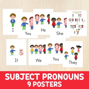 Pósteres de pronombres personales, 9 gráficos imprimibles, decoración del hogar y del aula, pronombres personales, material educativo imprimible, vocabulario en inglés para niños