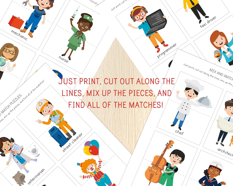 Op de afbeelding: Een printbare set van 10 mix-and-match puzzels met verschillende beroepen. Elke puzzel heeft twee stukken, een cartoonfiguur en een woord dat hun beroep beschrijft. De beroepen omvatten: monteur, verpleegkundige, programmeur, taxichauffeur, kok, architect, dierenarts, straatveger en clown.