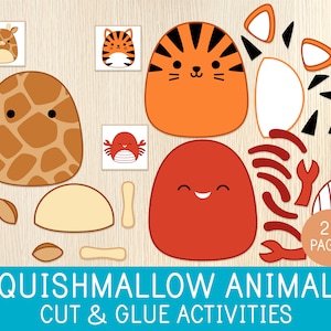 Actividades de cortar y pegar con animales de Squishmallow - Juego de tijeras - Práctica de corte, preescolar, jardín de infantes, centros, hojas de trabajo imprimibles