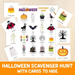 Búsqueda del tesoro de Halloween con cartas para esconder, búsqueda del tesoro para interiores y exteriores, juego imprimible para niños, juego para el hogar y el aula, fiesta de Halloween