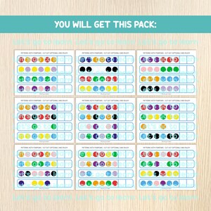 May include: Nine printable cards with colourful circles arranged in patterns. Each card has the text "Patterns with Pompoms - Cut Out Optional and Enjoy!" and a line for cutting out the circles.