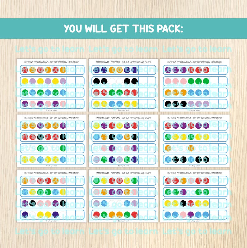 May include: Nine printable cards with colourful circles arranged in patterns. Each card has the text "Patterns with Pompoms - Cut Out Optional and Enjoy!" and a line for cutting out the circles.