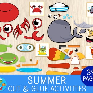 Puede incluir: Un conjunto de 39 páginas de actividades de cortar y pegar con temática de verano para niños, imprimibles. Las páginas presentan ilustraciones coloridas de un cangrejo, una ballena, una rana y un loro.