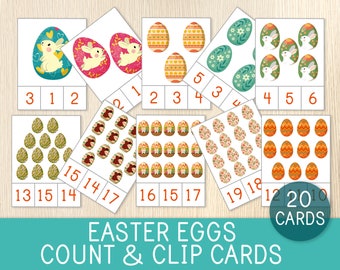 Tarjetas para contar y recortar huevos de Pascua - Números del 1 al 20 - Tarjetas de conteo - Tarjetas didácticas - Juego para niños pequeños y preescolares - Actividad de conteo - Juego de primavera