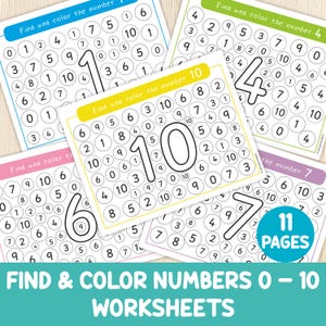May include: A set of 11 printable worksheets for kids to practice number recognition. Each worksheet features a different number from 0 to 10, with the number printed in large, bold letters. The child must find and color all instances of the number on the page.
