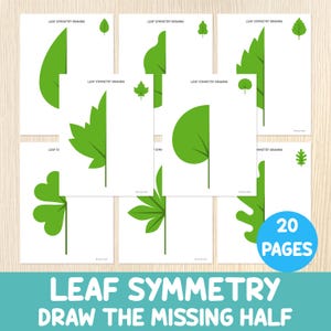 Puede incluir: Un conjunto de hojas de papel blancas con dibujos de hojas verdes para ejercicios de simetría. El texto "LEAF SYMMETRY DRAW THE MISSING HALF" está en la parte inferior, con un círculo azul que indica "20 PAGES".