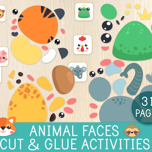 Animal Faces Cut & Glue Activities, 30 Worksheets, Preschool, Kindergarten, First Grade, Scissor Skills, Cutting Practice, Paper Crafts