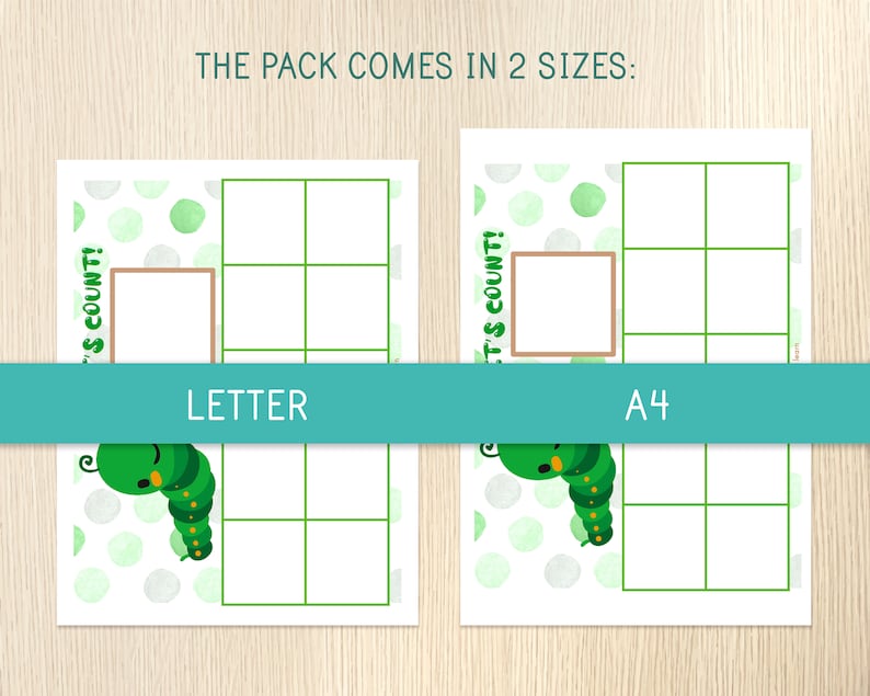 May include: Two printable counting activity sheets featuring a green caterpillar with a smiling face. The sheets are available in two sizes: Letter and A4. The text on the sheets reads "Let's Count!"