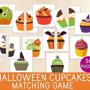 May include: A Halloween-themed matching game featuring illustrated cupcakes. The cupcakes have various spooky decorations, including bats, spiders, and witch hats. The game includes 36 puzzles and the text "Halloween Cupcakes Matching Game".