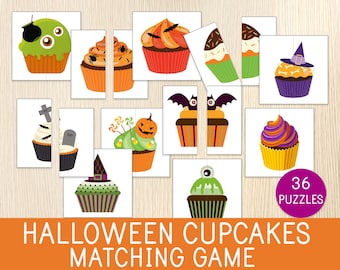 Könnte beinhalten: Ein Halloween-Matching-Spiel mit illustrierten Cupcakes. Die Cupcakes sind mit Fledermäusen, Spinnen und Hexenhüten verziert. Das Spiel enthält 36 Puzzles. Der Text "Halloween Cupcakes Matching Game" ist auf einem orangefarbenen Hintergrund zu sehen.