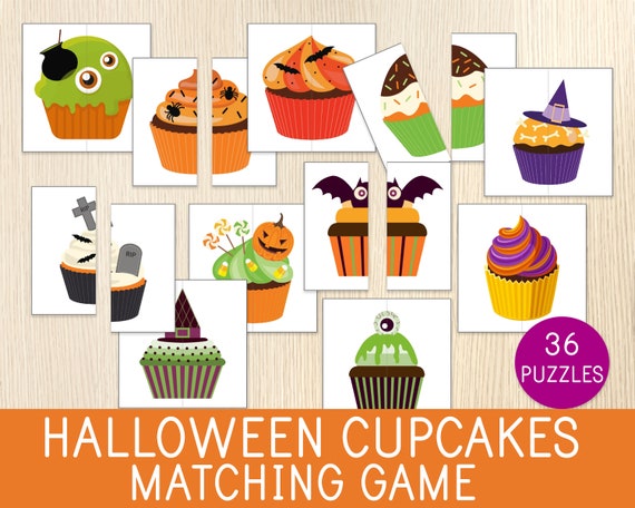 Halloween Cupcakes Matching Game, Halloween Puzzles, Halloween Party Activity, Toddler, Preschool Centers, Busy Bag Idea, Educational Game