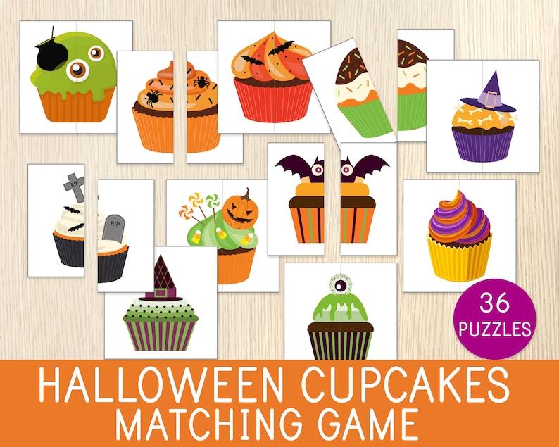 May include: A Halloween-themed matching game featuring illustrated cupcakes. The cupcakes have various spooky decorations, including bats, spiders, and witch hats. The game includes 36 puzzles and the text "Halloween Cupcakes Matching Game".