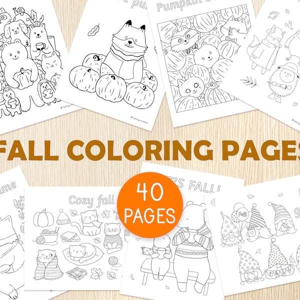 Fall Coloring Pages, 40 Sheets, Autumn Activity for Kids, Fall Party Favors, Forest Animals, Pumpkins, Apples, Fall Leaves, Printable