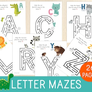 Laberintos de letras, Alfabeto de animales en mayúsculas de la A a la Z, Actividad preescolar, Juego para niños, Fichas de alfabetización, Motricidad fina, Trazado, Educación en casa
