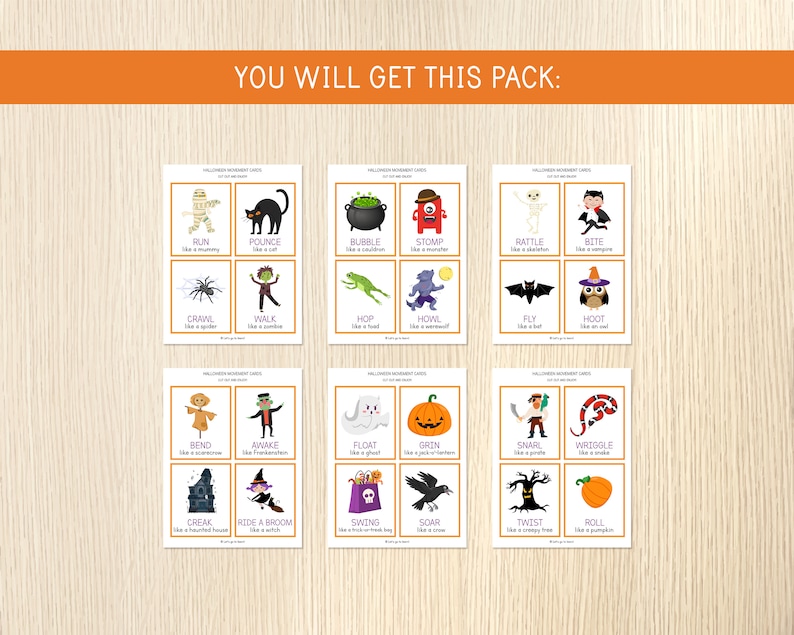 K&ouml;nnte beinhalten: Halloween-Bewegungskarten mit Illustrationen und Text. Die Karten zeigen Aktionen wie "Renne wie eine Mumie" und "Springe wie eine Katze". Der Text "YOU WILL GET THIS PACK:" befindet sich oben.