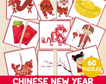 Chinese New  Year Matching Activity - Lunar New Year Game - Puzzles for Kids - Chinese Flashcards - Preschool, Prek & Kindergarten Printable