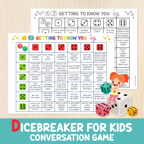 Icebreaker Game For Kids, Dicebreaker Questions, Roll & Tell Activity, Getting To Know You, Back to School, Conversation Starters, Party