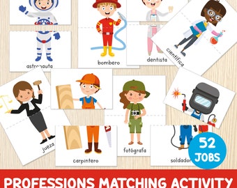 Professions Matching Activity In SPANISH, 52 Puzzles, Jobs, Community Helpers, Labor Day Game, Preschool, Kindergarten, Spanish Vocabulary