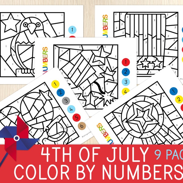 4th of July Color by Numbers Pages, Independence Day, Patriotic Coloring Sheets, Fourth of July, Party Activity, Preschool, Kindergarten