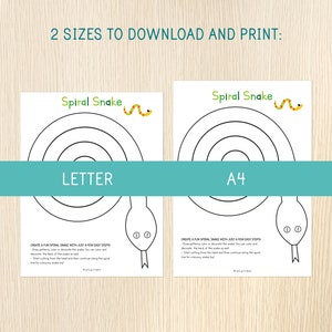 May include: Printable coloring page featuring a spiral snake design. The page includes instructions for creating a fun spiral snake with just a few easy steps. The page is available in two sizes: Letter and A4.