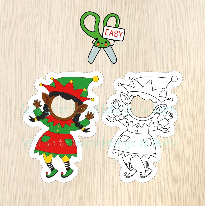 May include: Two elf face cutout designs, one coloured and one outlined, with the text "let's go to learn!". A pair of green scissors with the word "EASY" on a white sign is above the elf cutouts.
