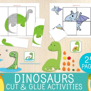 May include: A set of 24 printable dinosaur cut and glue activity pages for kids. The pages feature colorful illustrations of dinosaurs, including a green dinosaur with a long neck, a purple dinosaur with wings, and a brown dinosaur with spikes. The pages are designed to help children develop their fine motor skills and hand-eye coordination.