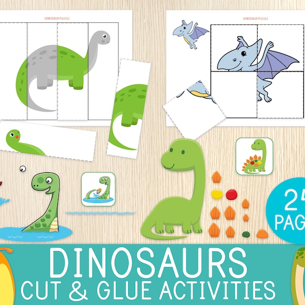 Dinosaurs Cut and Glue Activities, Preschool, Kindergarten Activity, Scissor Skills, Cutting Practice Worksheets, Paper Crafts for Kids