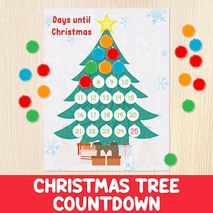 Può includere: Un calendario del conto alla rovescia dell'albero di Natale con un design ad albero verde, ornamenti colorati e la scritta "Days until Christmas". Il calendario include i numeri da 8 a 25, con una stella in cima. La parte inferiore del calendario recita "CHRISTMAS TREE COUNTDOWN".