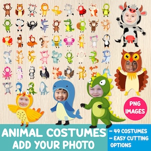 May include: A collection of 49 animal costume PNG images, including a cow, owl, and dinosaur. The costumes are designed to add a photo of the wearer's face. The text on the image says "Animal Costumes - Add Your Photo".