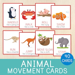Cartões de movimento animal, 40 cartões, habilidades motoras brutas, pausas cerebrais para pré-escola e jardim de infância, cartões de ação, hora do círculo, impressão educacional
