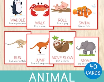Cartões de movimento animal, 40 cartões, habilidades motoras brutas, pausas cerebrais para pré-escola e jardim de infância, cartões de ação, hora do círculo, impressão educacional