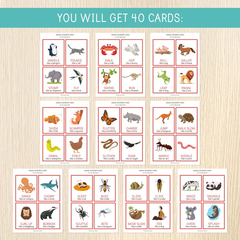 May include: A set of 40 colourful cards featuring illustrations of animals and their movements. Each card has a red border and includes the name of the movement and the animal it is associated with. For example, one card shows a penguin and says "Waddle like a penguin".