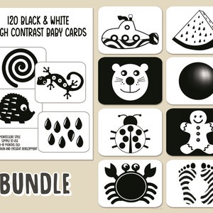 Black & White High Contrast Flashcards for Baby, 120 Cards,  Eyesight and Brain Development, Montessori, Newborn Toy, Baby Sensory Cards