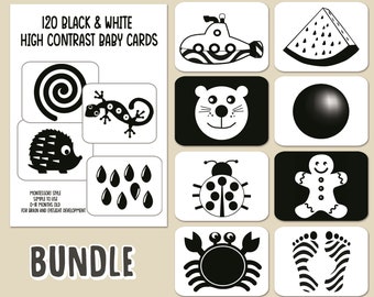 Black & White High Contrast Flashcards for Baby, 120 Cards,  Eyesight and Brain Development, Montessori, Newborn Toy, Baby Sensory Cards