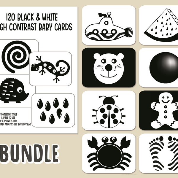 Black & white high contrast flashcards for baby, 120 cards,  eyesight and brain development, Montessori, newborn baby Toy,baby sensory cards