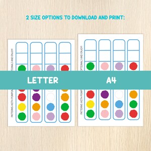 May include: Two printable templates for creating patterns with pom-poms. The templates are available in two sizes: letter and A4. The templates feature a grid with five columns and five rows. The templates include a colour key with six colours: red, purple, white, yellow, green, and pink.