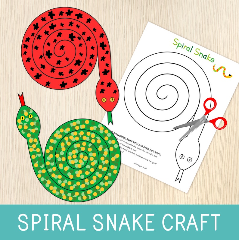 May include: Printable craft template for making a spiral snake. The template includes a black and white outline of a snake with a spiral body and a red and green snake with a spiral body decorated with stars and dots.