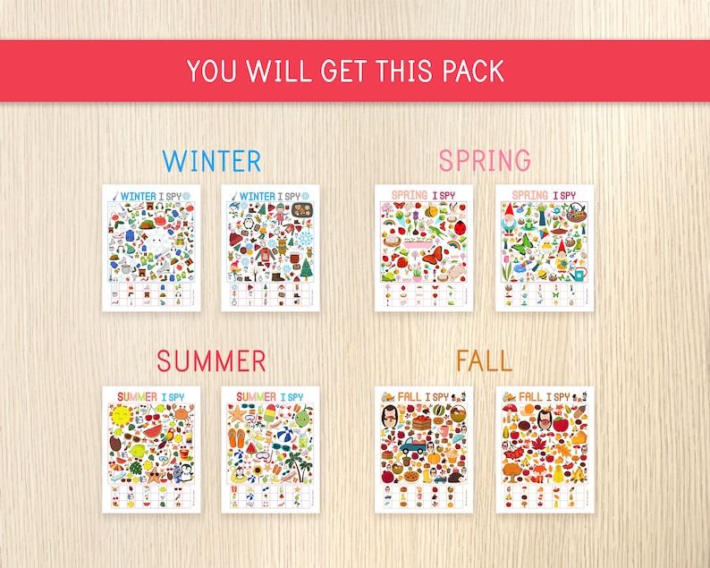 May include: A set of eight printable "I Spy" activity sheets featuring different themes: winter, spring, summer, and fall. Each sheet has a colorful illustration with hidden objects to find.