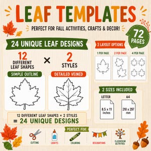 以下が含まれることがあります： 「LEAF TEMPLATES」と題されたデジタルテンプレートセット。72ページ、24種類のユニークな葉のデザインが含まれています。シンプルなアウトラインと詳細な葉脈スタイルの12種類の葉の形、3つのレイアウトオプション、および8.5 x 11インチと210 x 297 mmの2つのサイズが含まれています。