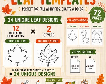 Leaf Templates Bundle — 24 Printable Leaf Outlines in 3 Sizes — Fall Crafts, Coloring Pages & Classroom Activities — Leaf Craft Patterns