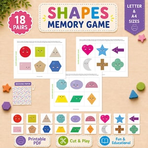 Puede incluir: Un juego de memoria de formas imprimible con 18 pares de tarjetas que muestran formas geométricas coloridas y sonrientes. El set incluye tres hojas de papel con ilustraciones de formas, papel de fondo con patrones y tarjetas recortadas. Texto: SHAPES MEMORY GAME.
