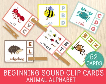 May include: A set of 52 colourful clip cards featuring various animals, each with a letter and a word starting with that letter. The cards are designed for beginning sound learning and are labelled "Beginning Sound Clip Cards Animal Alphabet".