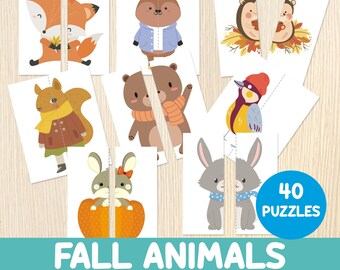 Jeu d'association d'animaux d'automne, activité d'automne, jeu pour tout-petits et enfants d'âge préscolaire, symétrie automnale, moitiés d'allumettes éducatives à imprimer, 40 puzzles PDF