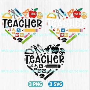 Pacote SVG de Coração de Professor - Material Escolar em Formato de Coração - 3 SVG + 3 PNG - Presente para a Semana de Agradecimento ao Professor - Sublimação - Arquivos de Corte Vetorial