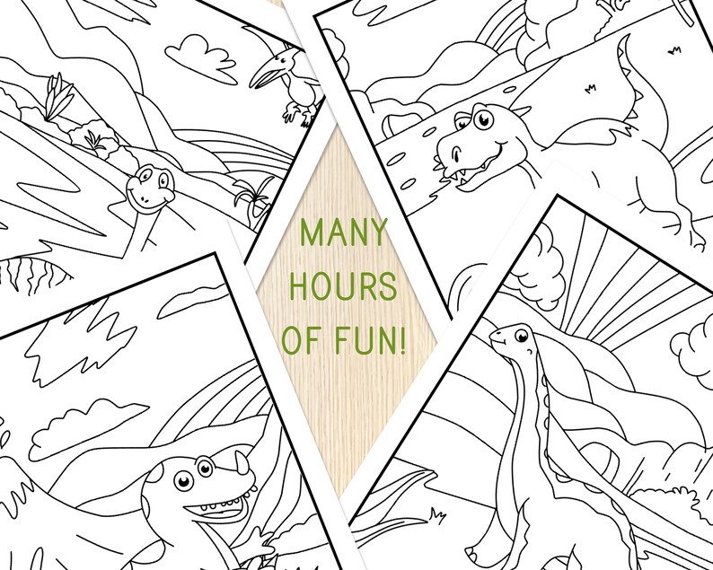 Op de afbeelding: Zwart-witte kleurplaten met dinosaurussen. De pagina's bevatten verschillende dinosaurussen, waaronder een pterodactylus, een stegosaurus, een brachiosaurus en een tyrannosaurus rex. De tekst "MANY HOURS OF FUN!" staat in het midden van de pagina's.