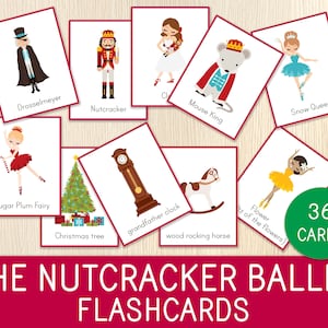 Flashcards ou cartões de palavras do balé Quebra-Nozes para crianças, história de Natal, vocabulário, personagens, bailarinas, música, material educacional para impressão