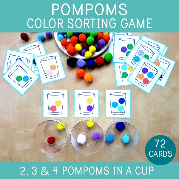 Color Sorting Game With Pompoms, Color Matching Activity, Toddler & Preschool Activity, Task Cards, Fine Motor Skills, Educational Printable